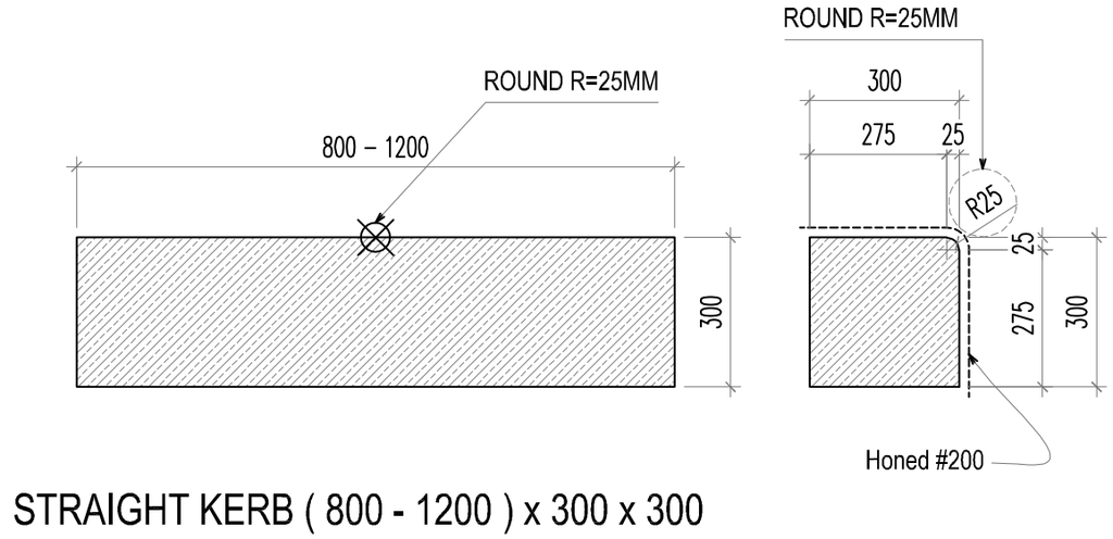 MCC Straight Kerb 800-1200x300x300  with 25mm bullnose edge