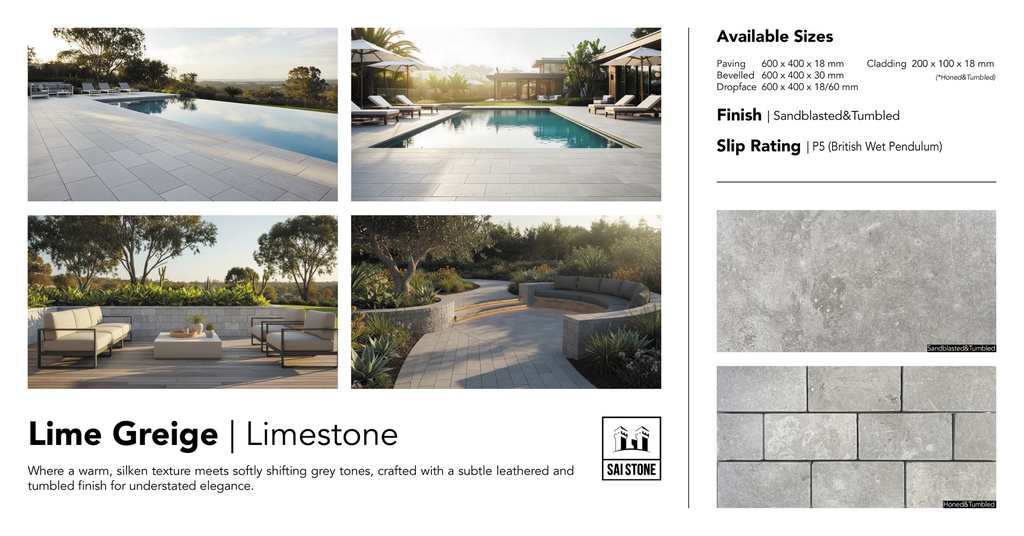 Lime Greige Limestone  Coping 600x400x30 Bevelled Sandblasted+Tumbled